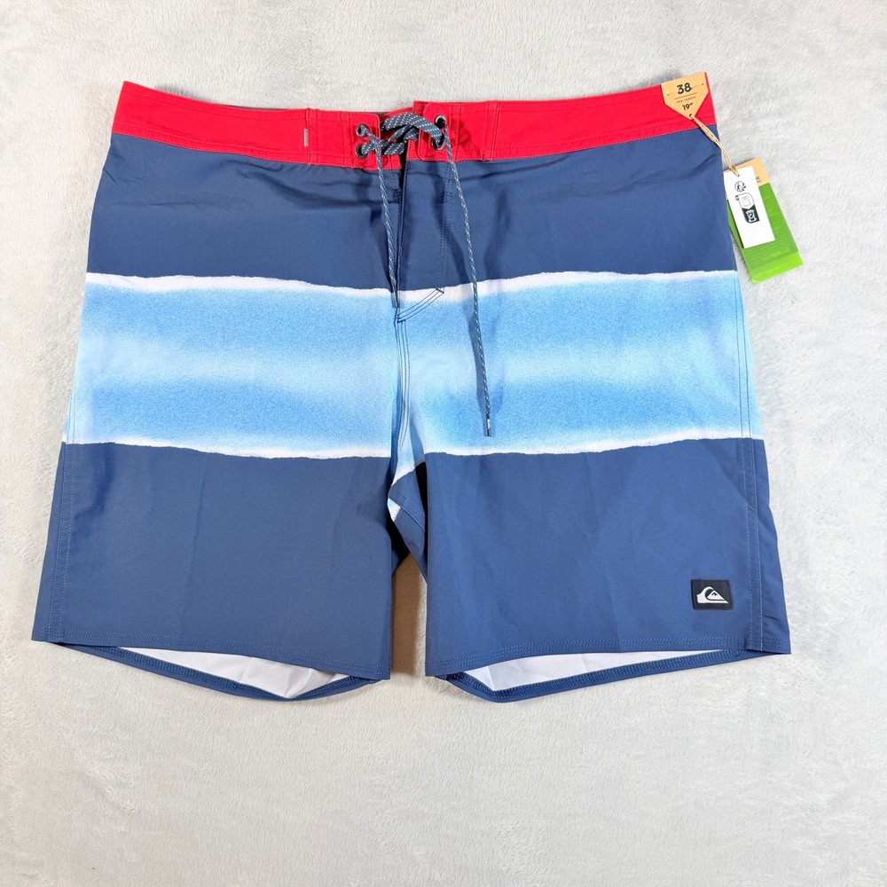 Quiksilver Mens Boardshorts Size 38 Blue Red Fade Stripe Swim‎ Trunks 19" NWT
